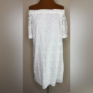 NWT Chico's Off The Shoulder White Lace Dress Scalloped Hem Size 8 or Medium